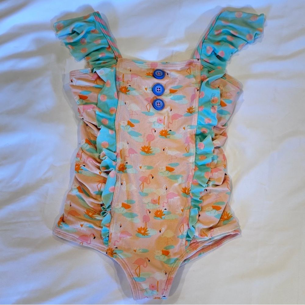 Matilda Jane Girls One-Piece Flamingo Swimsuit in Peach, Aqua and Pink